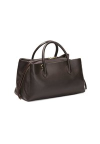 Borsa a mano in pelle marrone scuro con superficie texturizzata, chiusura con zip e due manici. Presenta un ampio interno e un design minimalista.