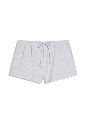 Világosszürke pamut rövidnadrág elasztikus derékpánttal és megkötős zsinórral, oldalzsebekkel és bő fazonnal.