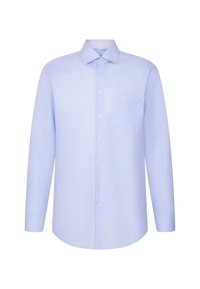 Camicia azzurro chiaro a maniche lunghe con colletto, taschino frontale e un tessuto liscio e strutturato. Presenta bottoni bianchi lungo la parte anteriore.