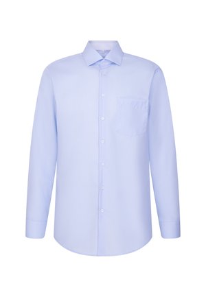 Lichtblauwe, langsluitende overhemd met knoopjes en een kraag, voorzak en een gladde, gestructureerde stof. Voorzien van witte knopen aan de voorkant.
