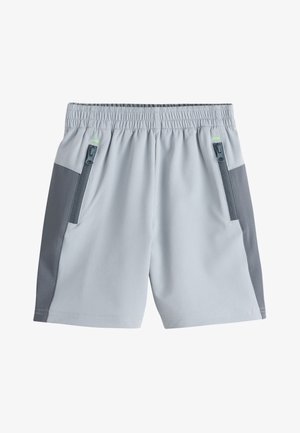Lysegrå atletikshorts med mørkegrå sidepaneler, elastisk talje og forlommer med lynlås.