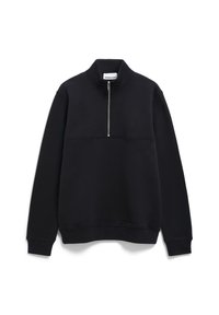 Schwarze Zip-Up-Trainingsjacke aus weichem Stoff, mit hohem Kragen, lässiger Passform und dezentem Logodetail auf der Brust.