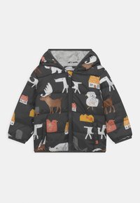 Zwarte gewatteerde jas met kleurrijke dieren- en huispatronen, een capuchon, ritssluiting en zijzakken. Zacht, gewatteerd textuur.