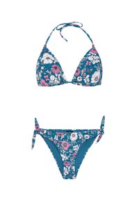 Bloemige bikini-set met een triangeltop en verstelbare bandjes, op een teal achtergrond met contrasterende roze en witte bloemenpatronen.