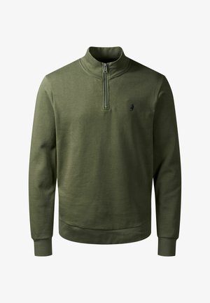 Oliwkowy sweter z suwakiem na ćwierć, ściągacze na mankietach i wąski kołnierz; posiada małe czarne logo na klatce piersiowej.