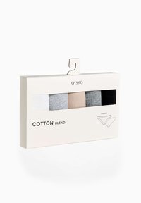 Katoenen ondergoedset in een doos met vier kleuren: wit, lichtbeige, grijs en zwart. De verpakking heeft een ophanghaak en een eenvoudig ontwerp.