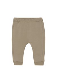 Beige Baumwoll-Jogginghosen für Kleinkinder mit einem elastischen Bund, gerippten Bündchen und seitlichen Nähten. Weiche, glatte Textur, taillierte Beinform.