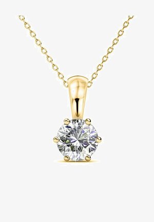 Collana con pendente d'oro che presenta un gemma trasparente a taglio brillante rotondo, incastonata in sei griffe, sospesa da una delicata catena.