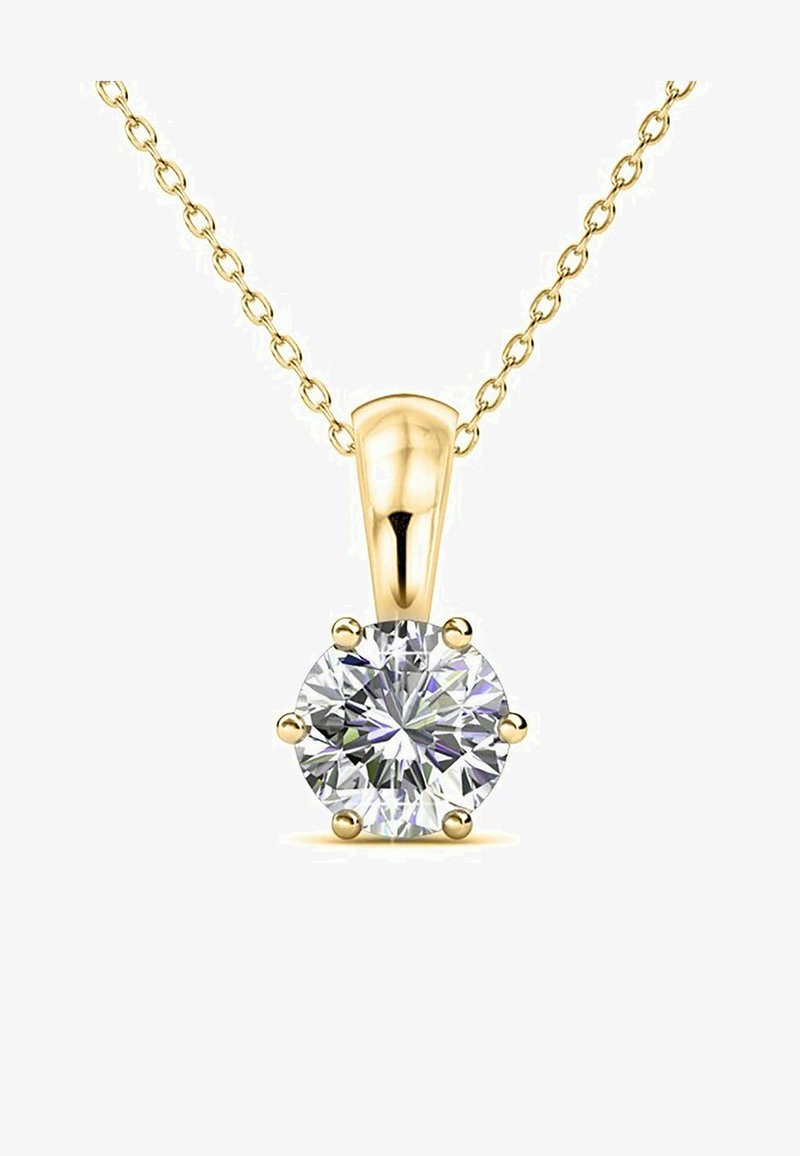 Goldene Anhängerkette mit einem runden, brillantgeschliffenen klaren Edelstein, der in sechs Krappen gefasst ist und an einer zarten Kette hängt.
