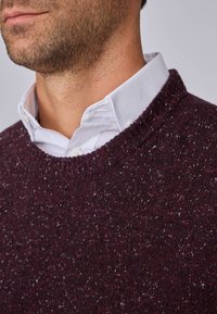 Pull en tricot bourgogne avec un col rond, présentant une texture mouchetée. Associé à une chemise blanche à col en dessous.