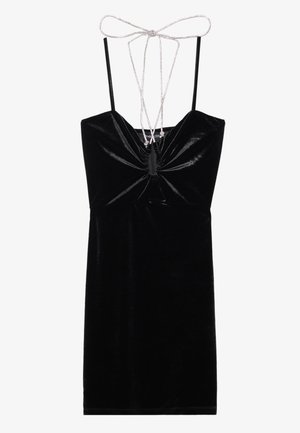 Schwarzes Samtkleid mit taillierter Silhouette, Spaghetti-Trägern und einer Schleife auf der Rückseite. Verfügt vorne über Raffungen.