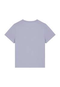 Hellblaues Kurzarm-T-Shirt mit rundem Ausschnitt und glattem, weichem Stoff. Schlichtes Design ohne Muster oder Verzierungen.