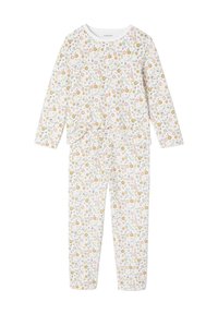 Long-sleeve pajama set featuring a white base with a floral pattern in pink, yellow, and green. Soft cotton material with a fitted design.
