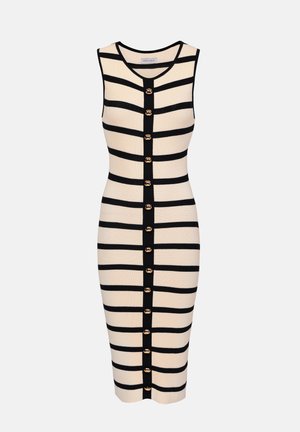 Vestido de punto sin mangas con rayas horizontales negras sobre un fondo crema, con cierre delantero de botones dorados y diseño ajustado.
