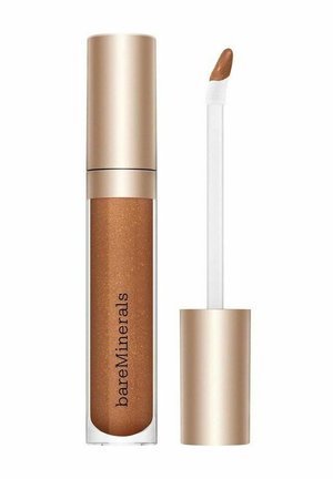 Flydende bronzeglans læbepomade i klar tube med guldhætte, applikatorstift vist med glans på spidsen.