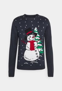 Marinablauwe gebreide sweater met een witte sneeuwman met een zwarte hoed, een rode sjaal en een groene boom, omringd door witte sneeuwvlokken.