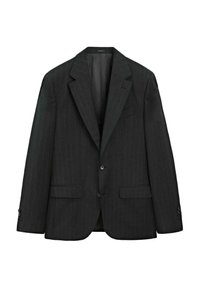 Dunkelgrauer Nadelstreifen-Blazer mit Reverskragen, zwei vorderen Taschen und einem einzigen Knopfverschluss. Glatte Textur mit taillierter Passform.