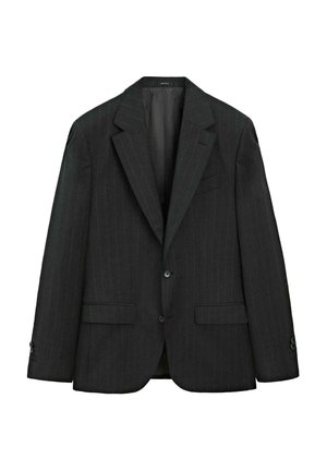 Dunkelgrauer Nadelstreifen-Blazer mit Reverskragen, zwei vorderen Taschen und einem einzigen Knopfverschluss. Glatte Textur mit taillierter Passform.