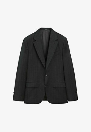 Dark gray pinstripe blazer featuring notched lapels, two front pockets, and a single button closure. Smooth texture with a tailored fit.
