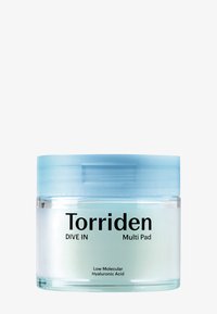 Torriden DIVE IN Multi Pad beholder, rund, klar med en lyseblå låg. Indeholder sort tekst på en hvid etiket med produktinformation nederst.