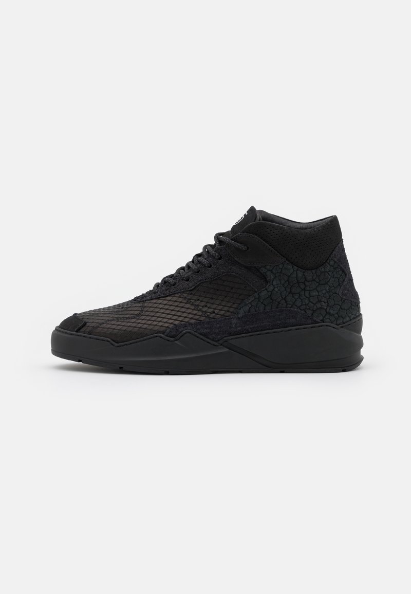 Baskets montantes noires avec panneaux latéraux texturés et à motifs, lacets noirs et semelle épaisse, vues de profil extérieur sur un fond uni.