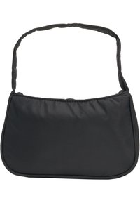 Juodas audinio petinis maišas su paminkštintu korpusu, išlenktu viršumi ir vienu dirželiu. Lygus paviršius, minimalistinis dizainas be matomų detalių.