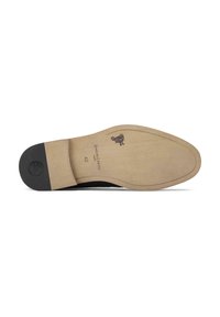 Black leather shoe sole with a smooth beige base, featuring a slight curve, rubber heel, and a printed logo design. Size 42 indicated.