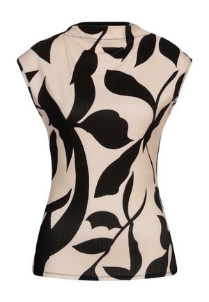 Sleeveless fitted top in ribbed fabric; cream base with large black leaf pattern. Crew neckline and subtle texture.
