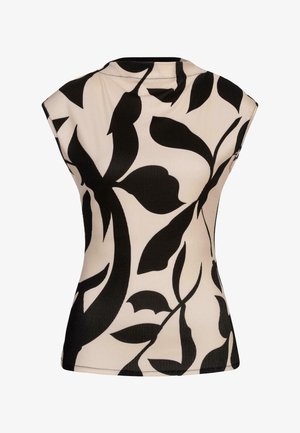 Mouwloos aansluitend topje in ribbelstof; crèmekleurige basis met groot zwart bladmotief. Ronde halslijn en subtiele textuur.
