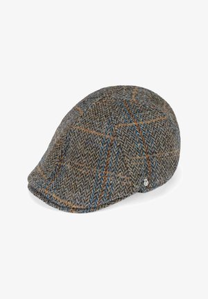 Hahnentrittmütze aus braunem und grauem Tweed, mit einem blauen und orangefarbenen Karomuster sowie einem kleinen metallischen Logoakzent an der Seite.