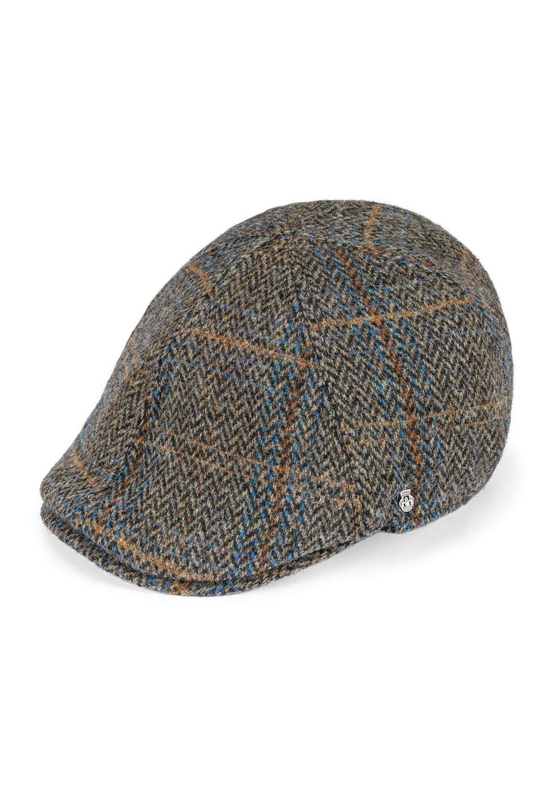 Houndstooth cap made of brown and gray tweed, featuring a blue and orange check pattern, and a small metal logo accent on the side.