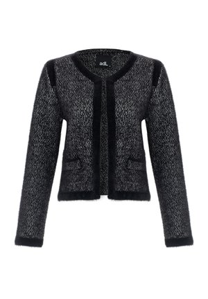 Schwarzer und grauer gestrickter Cardigan mit strukturiertem Finish, Rundhals-Ausschnitt, offener Vorderseite und zwei vorderen Taschen. Elegantes, weiches Material.