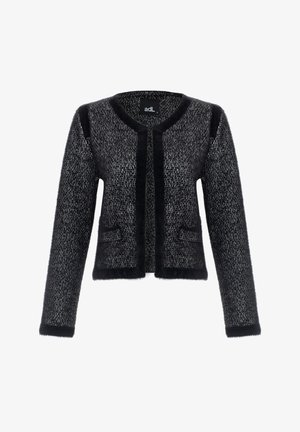 Schwarzer und grauer gestrickter Cardigan mit strukturiertem Finish, Rundhals-Ausschnitt, offener Vorderseite und zwei vorderen Taschen. Elegantes, weiches Material.