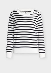 Pull blanc à manches longues avec rayures horizontales noires et poignets et ourlet côtelés, design classique à col rond.