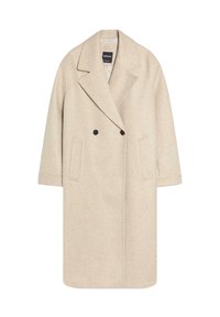 Bež plašč iz volnene mešanice z dvovrstnim zapenjanjem, z zarezami na ovratniku in dvema stranskima žepoma. Ravnega kroja s tremi četrtinami dolgimi rokavi.