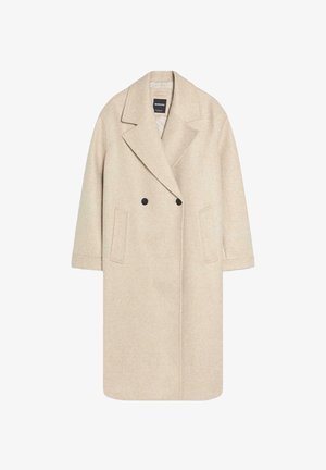 Palton bej din amestec de lână, cu design cu două rânduri de nasturi, revere ascuțite și două buzunare laterale. Tăietură dreaptă cu mâneci trei sferturi.