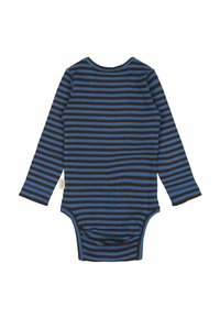 Bodysuit za bebe s dugim rukavima u mornarskoj plavoj i crnoj boji, s horizontalnim prugama, kružnim izrezom i kopčanjem na dnu.