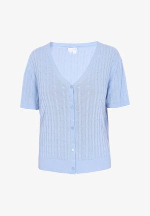 Light blue short-sleeved cardigan with a V-neck, featuring a cable knit texture and five button closure at the front. Ribbed hem.