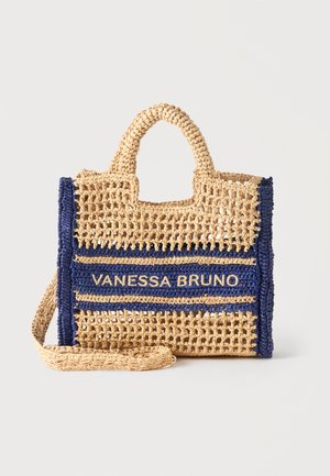 Sac cabas tissé beige et bleu marine avec des poignées courtes et "VANESSA BRUNO" brodé à l'avant en lettres beige.