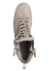 Beige high-top sneaker with fabric laces, side zippers, padded tongue, and gold-tone zipper pulls, viewed from above.
