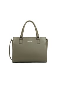 Borsa a mano verde oliva con due manici superiori e una tracolla removibile. Nome del marchio "Lancaster Paris" ben visibile sul davanti.