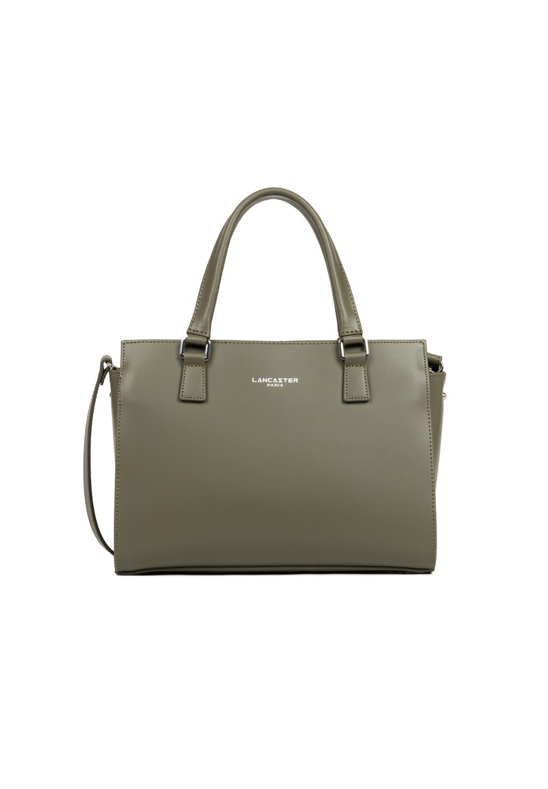 Borsa a mano verde oliva con due manici superiori e una tracolla removibile. Nome del marchio "Lancaster Paris" ben visibile sul davanti.