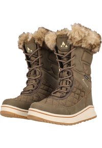 Bruna isolerade stövlar med en kviltad textur, foder i fuskpäls upptill, snörning och en vit gummisula.