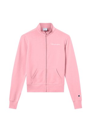 Sanfte rosa Reißverschlussjacke mit vorderen Taschen und weißem Champion-Logo auf der Brust und am Ärmelbündchen.
