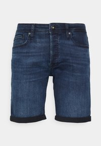 Mörk denimshorts med en klassisk design, med dragkedja, knäppning och uppkavlade avslut. Tyget har en slät yta och en aning blekning.