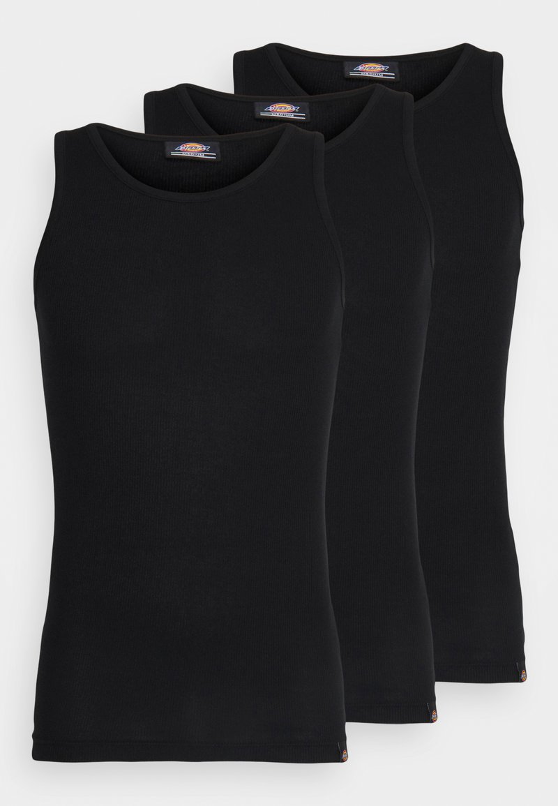 Black tank tops in a pack of three. Ribbed texture, standard crew neckline, no sleeves. Hem features small brand logo at the bottom.