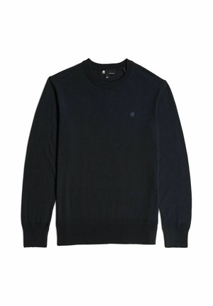 Maglione nero a girocollo realizzato in morbido materiale a maglia. Presenta polsini e orlo ribattuti, con un logo discreto sul petto. Design semplice e classico.