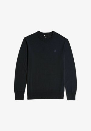 Maglione nero a girocollo realizzato in morbido materiale a maglia. Presenta polsini e orlo ribattuti, con un logo discreto sul petto. Design semplice e classico.