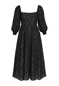 Musta midi-mekko, jossa on läpinäkyvät puff-hihat ja lainehtiva tekstuurikuvio, neliönmuotoinen kaula-aukko ja tiukat hihansuut.