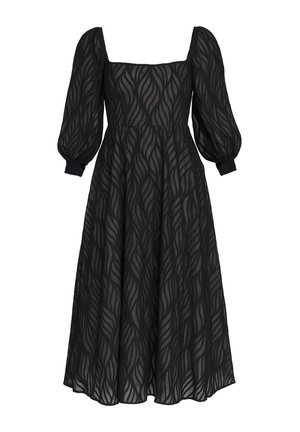 Robe noire midi avec des manches bouffantes transparentes et un motif texturé ondulé, dotée d'un décolleté carré et de poignets ajustés.